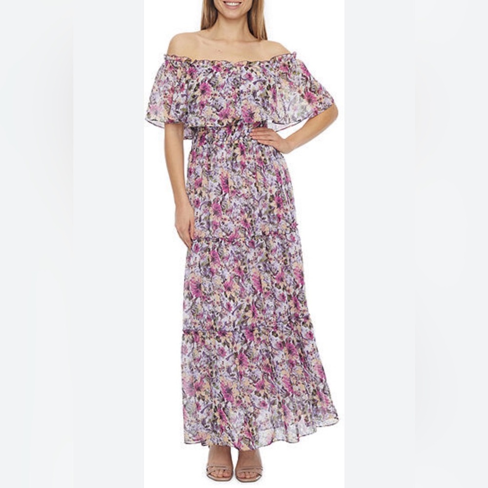 Rabbit Rabbit Rabbit Floral Off-Shoulder Multicolor Tiered Maxi Dress Size 8P